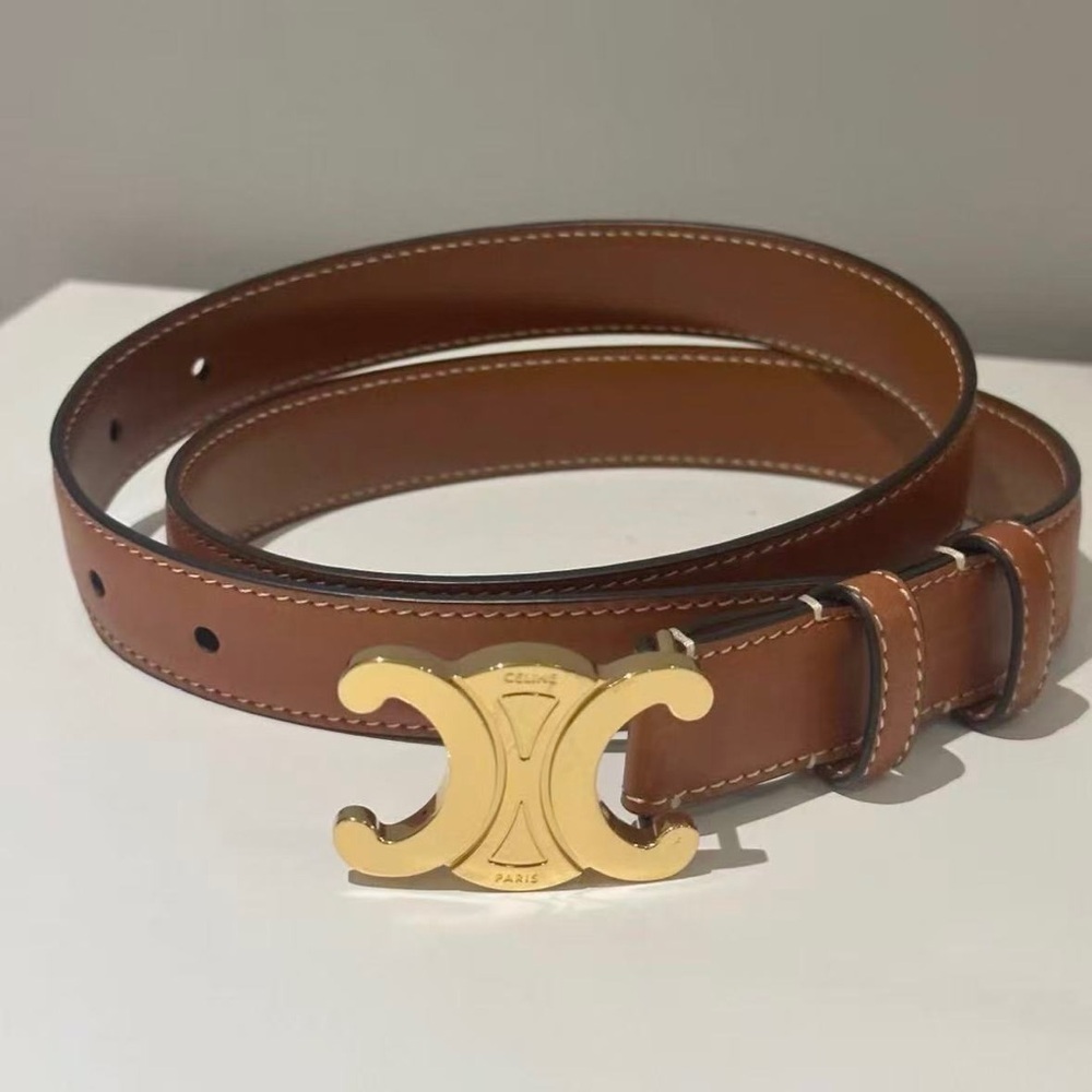Celine Brown Leather Belt with Gold Buckle